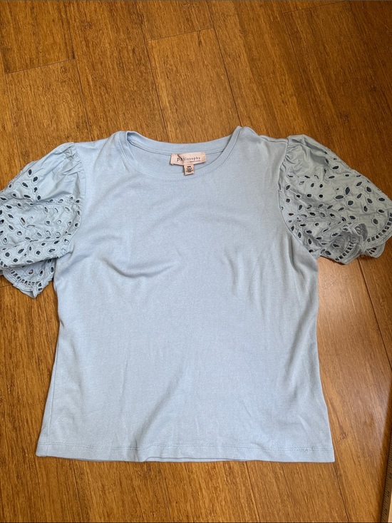 Philosophy Tops - Philosophy Light Blue Gray Eyelet Puff Sleeve Tee